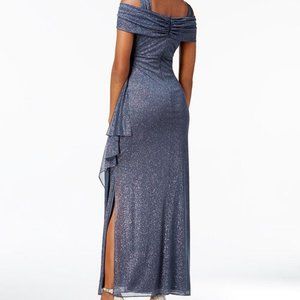 FINAL SALE - Cold-Shoulder Drape Metallic Gown